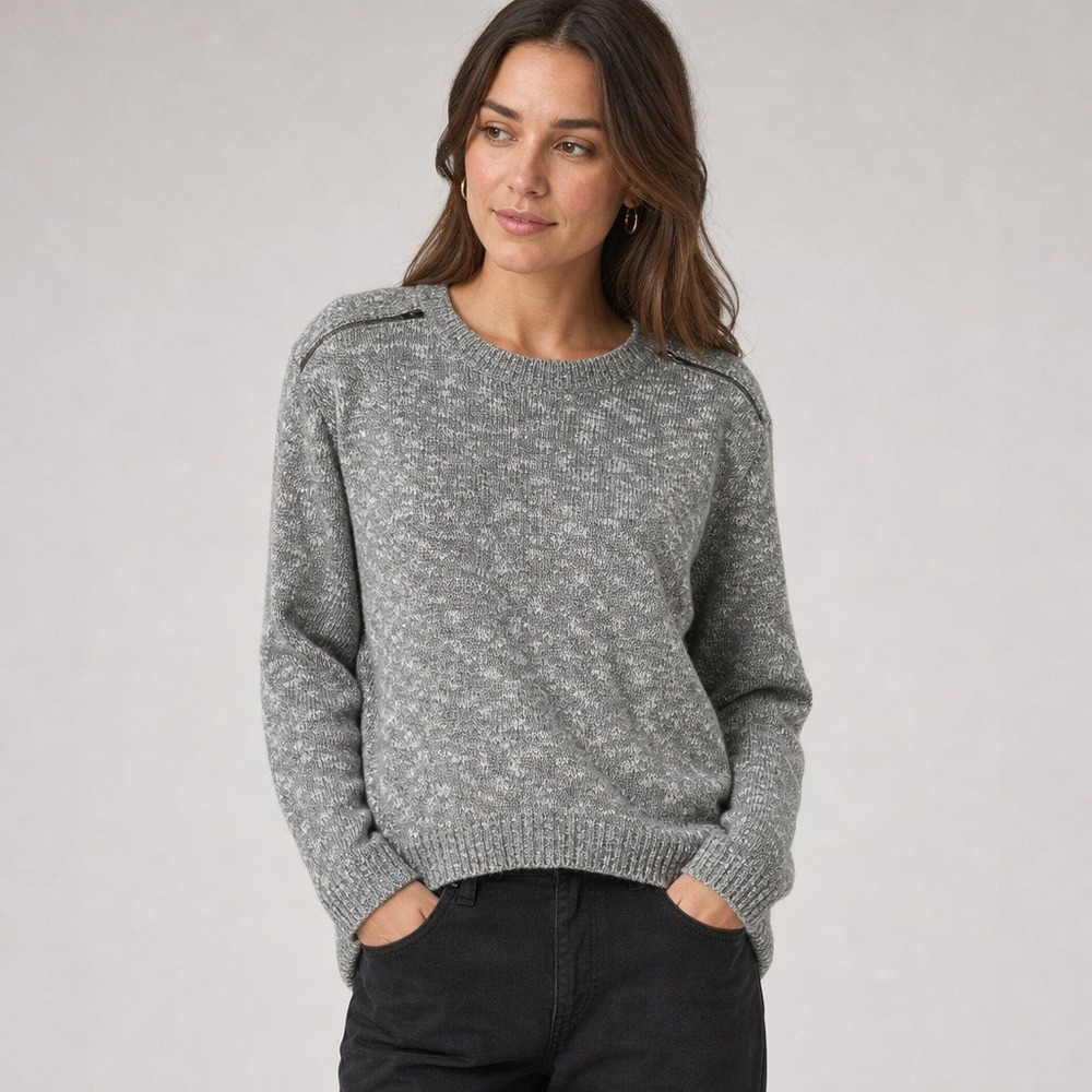 Express Women's Sweater S Gray Shoulder Zipper Heathered Knit Pullover Long